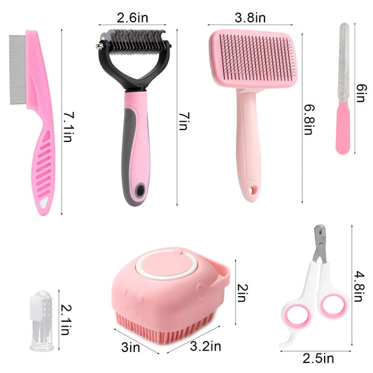 8-Piece Dog Grooming Kit – Self-Cleaning Brush Set with Nail Clippers, Flea Comb, Bath Brush & File for Dogs