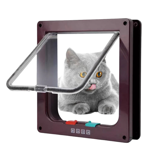 Cat Flap Door with 4-Way Lock – Transparent Pet Door Secure In/Out ABS Plastic Gate