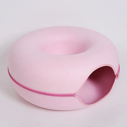 Donut Cat Bed with Tunnel – Felt Interactive Nest & Play Bed