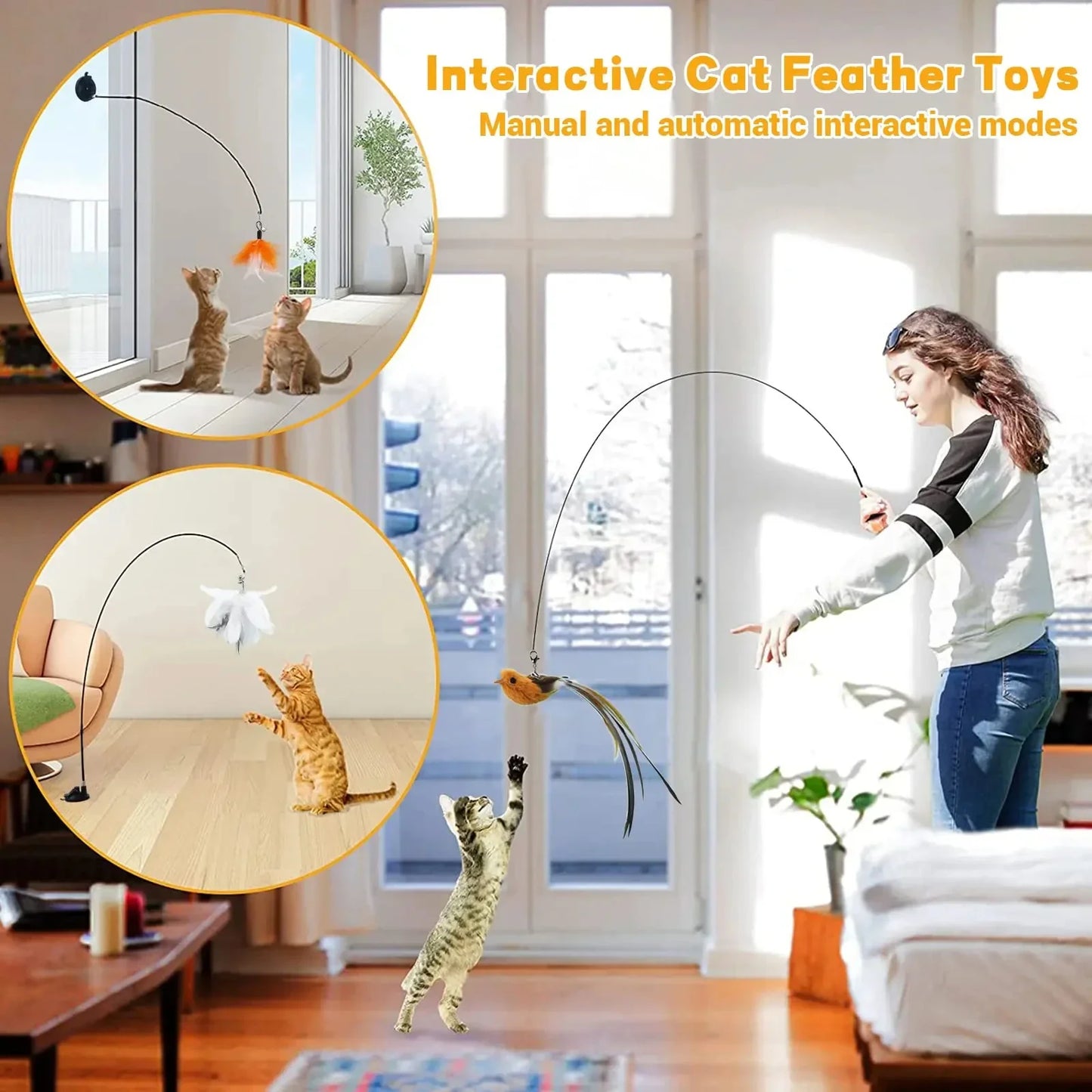 Simulated Bird Cat Toy – Feather Teaser Stick with Suction Cup