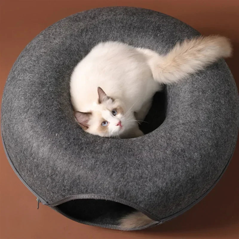 Felt Donut Cat Bed & Hideaway Tunnel – 2-in-1 Cozy House