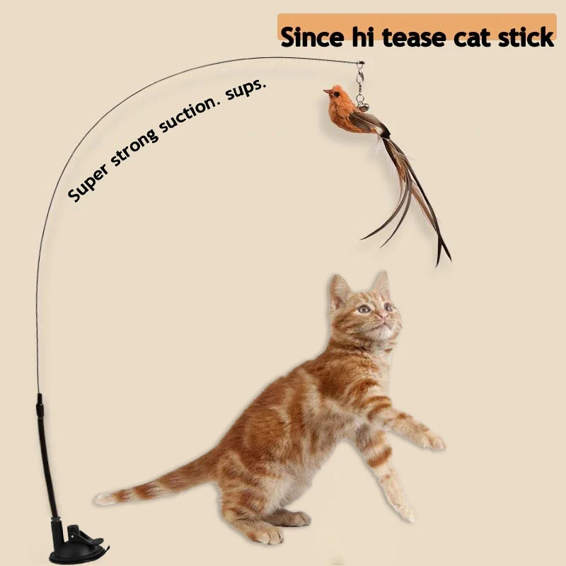 Simulated Bird Cat Toy – Feather Teaser Stick with Suction Cup