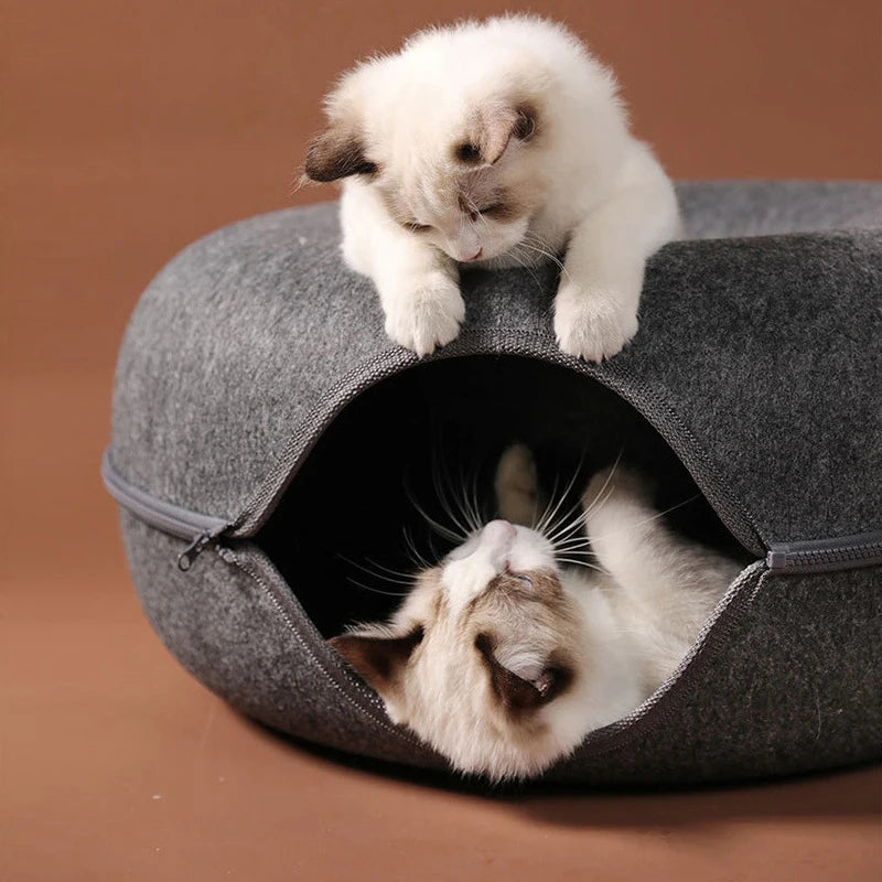 Donut Cat Bed with Tunnel – Felt Interactive Nest & Play Bed