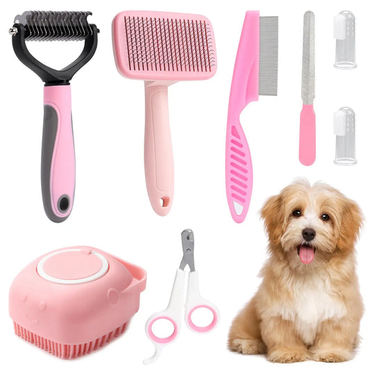 8-Piece Dog Grooming Kit – Self-Cleaning Brush Set with Nail Clippers, Flea Comb, Bath Brush & File for Dogs