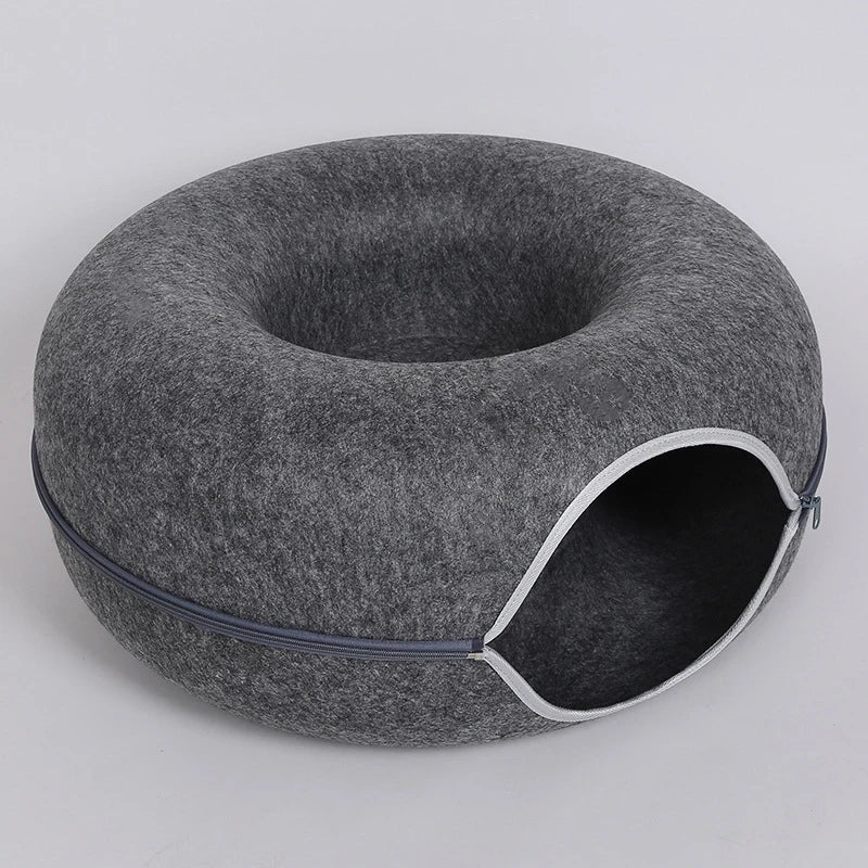 Donut Cat Bed with Tunnel – Felt Interactive Nest & Play Bed