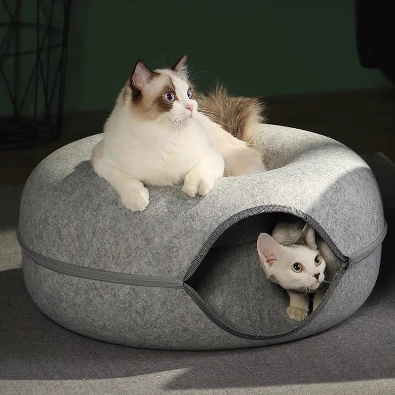 Donut Cat Bed with Tunnel – Felt Interactive Nest & Play Bed