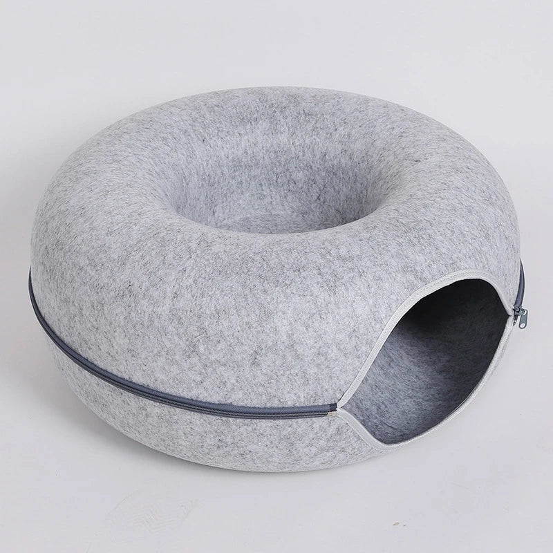 Donut Cat Bed with Tunnel – Felt Interactive Nest & Play Bed