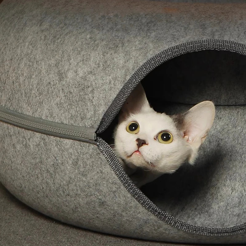 Donut Cat Bed with Tunnel – Felt Interactive Nest & Play Bed