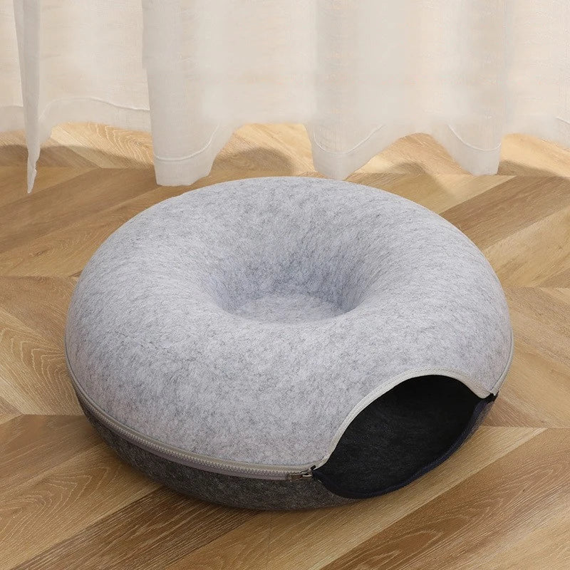 Donut Cat Bed with Tunnel – Felt Interactive Nest & Play Bed