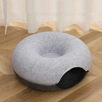 Donut Cat Bed with Tunnel – Felt Interactive Nest & Play Bed