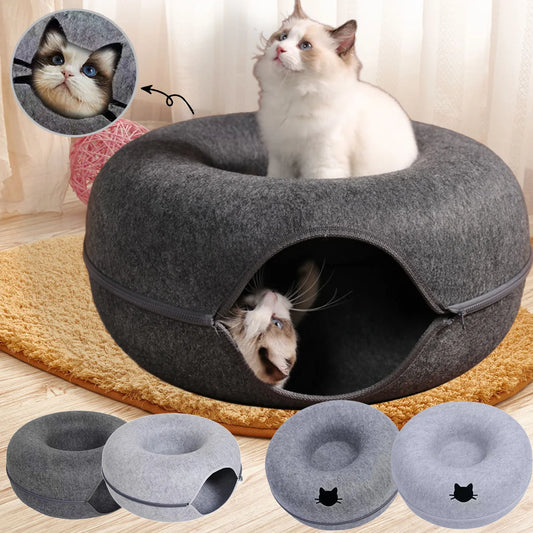 Felt Donut Cat Bed & Hideaway Tunnel – 2-in-1 Cozy House