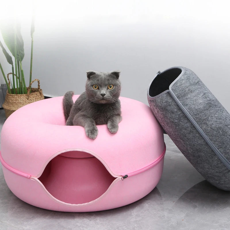 Donut Cat Bed with Tunnel – Felt Interactive Nest & Play Bed