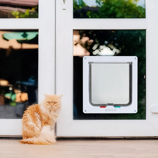 Cat Flap Door with 4-Way Lock – Transparent Pet Door Secure In/Out ABS Plastic Gate