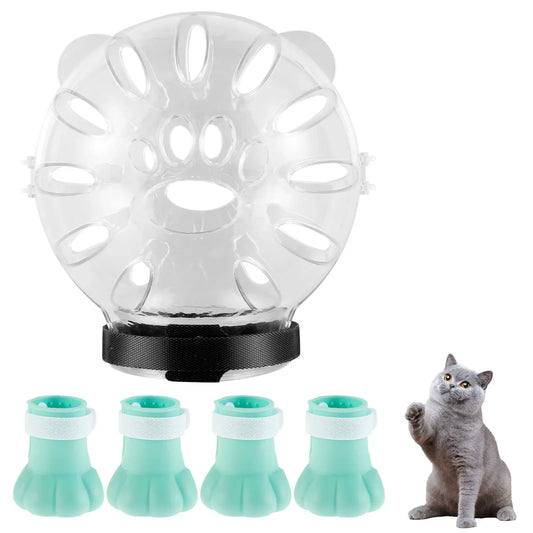 Cat Muzzle with 4PCS Paw Covers – Breathable Anti-Bite Space Hood Helmet for Grooming & Vet Visits