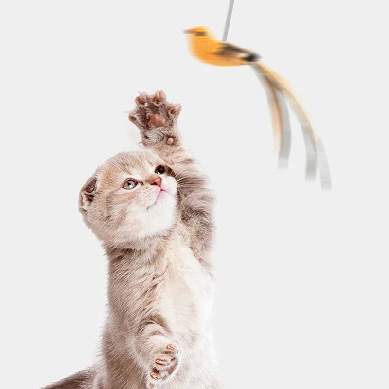 Simulated Bird Cat Toy – Feather Teaser Stick with Suction Cup